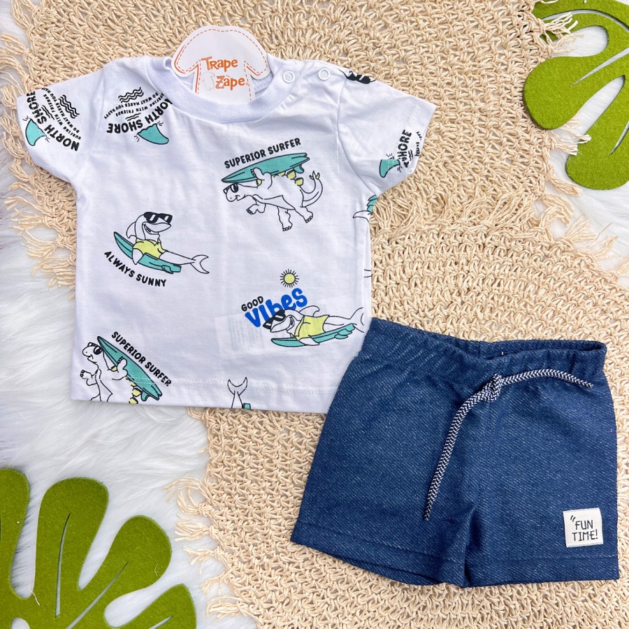 Conj. Camiseta Superior Surfer Dino e Bermuda - Branco e Azul Petróleo 